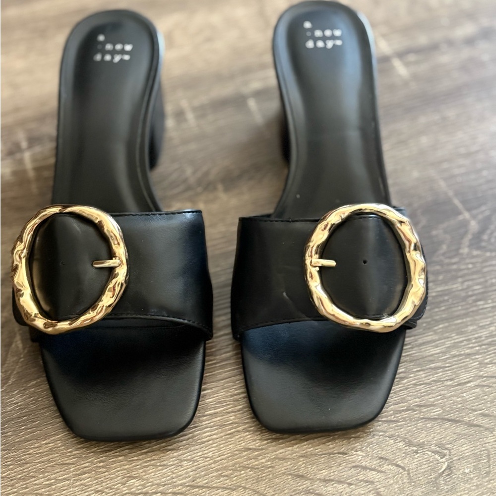 Elegant Black block heel Slide Sandals with Gold buckle